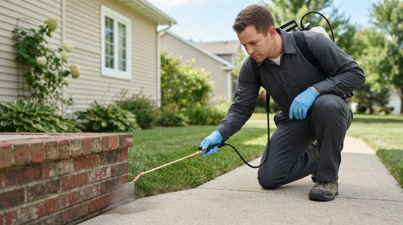 Pest control technician treating a home near Arcadia, MI